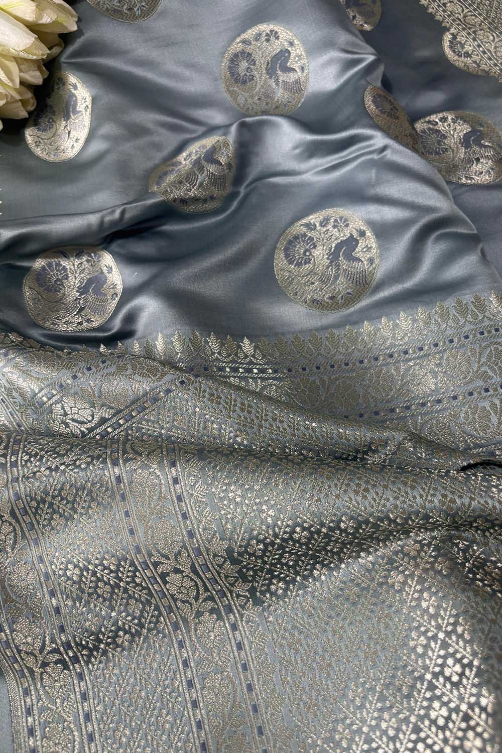 Grey Banarasi Mashru Silk Bird Design Saree - Luxurion World