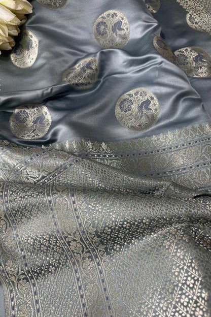 Grey Banarasi Mashru Silk Bird Design Saree - Luxurion World