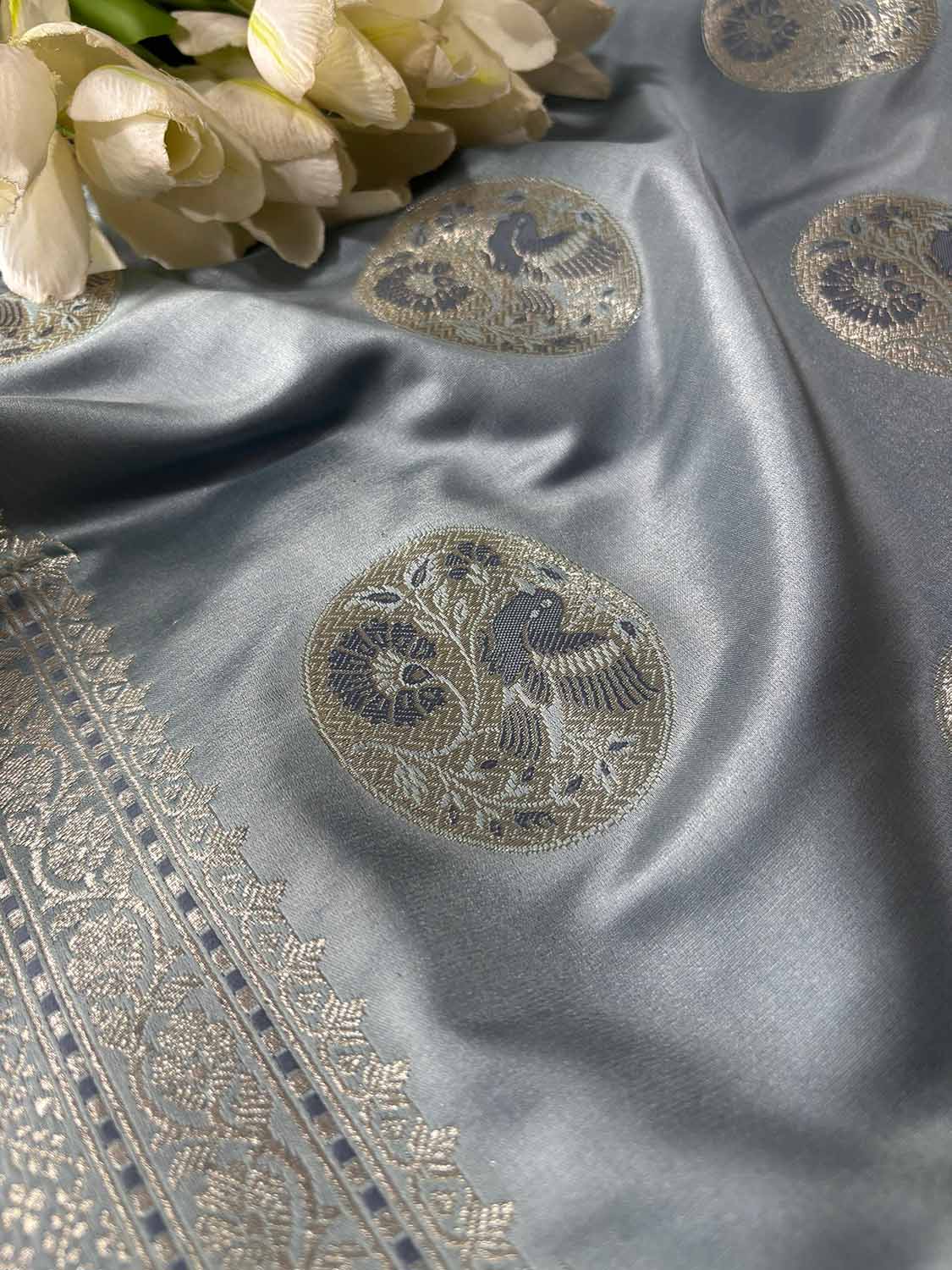 Grey Banarasi Mashru Silk Bird Design Saree - Luxurion World