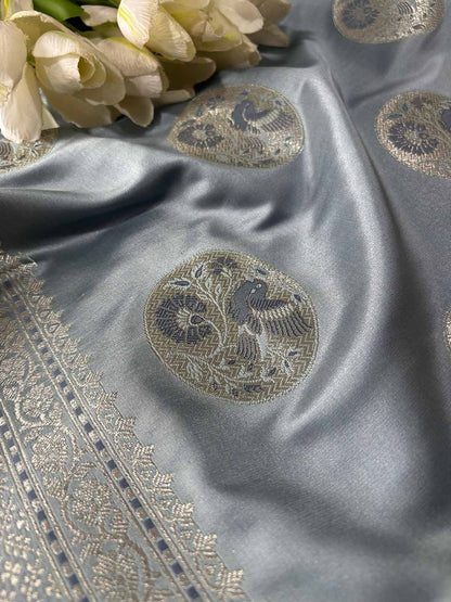 Grey Banarasi Mashru Silk Bird Design Saree - Luxurion World