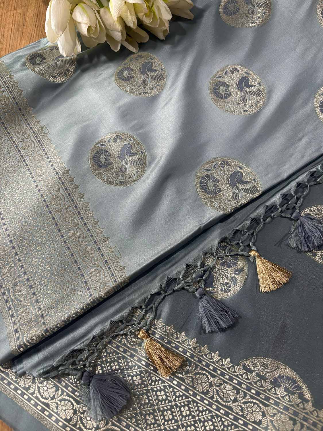Grey Banarasi Mashru Silk Bird Design Saree - Luxurion World