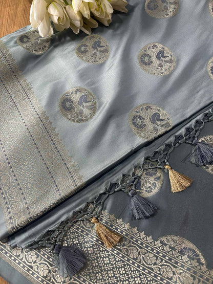 Grey Banarasi Mashru Silk Bird Design Saree - Luxurion World