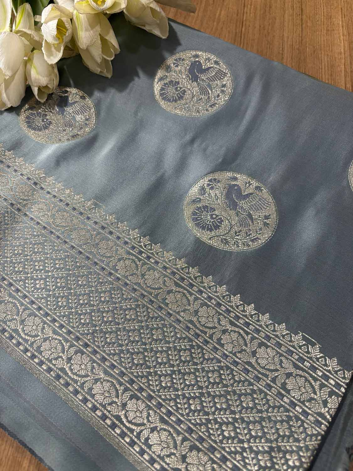 Grey Banarasi Mashru Silk Bird Design Saree - Luxurion World