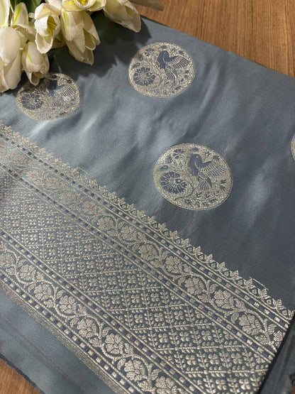 Grey Banarasi Mashru Silk Bird Design Saree - Luxurion World
