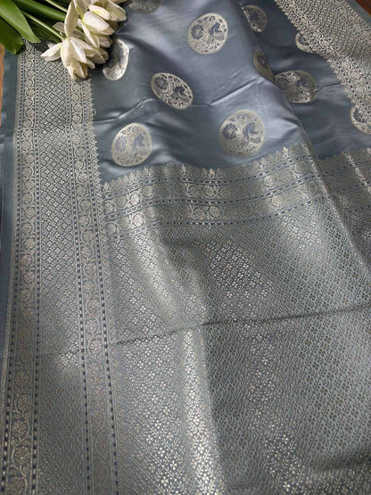 Grey Banarasi Mashru Silk Bird Design Saree - Luxurion World