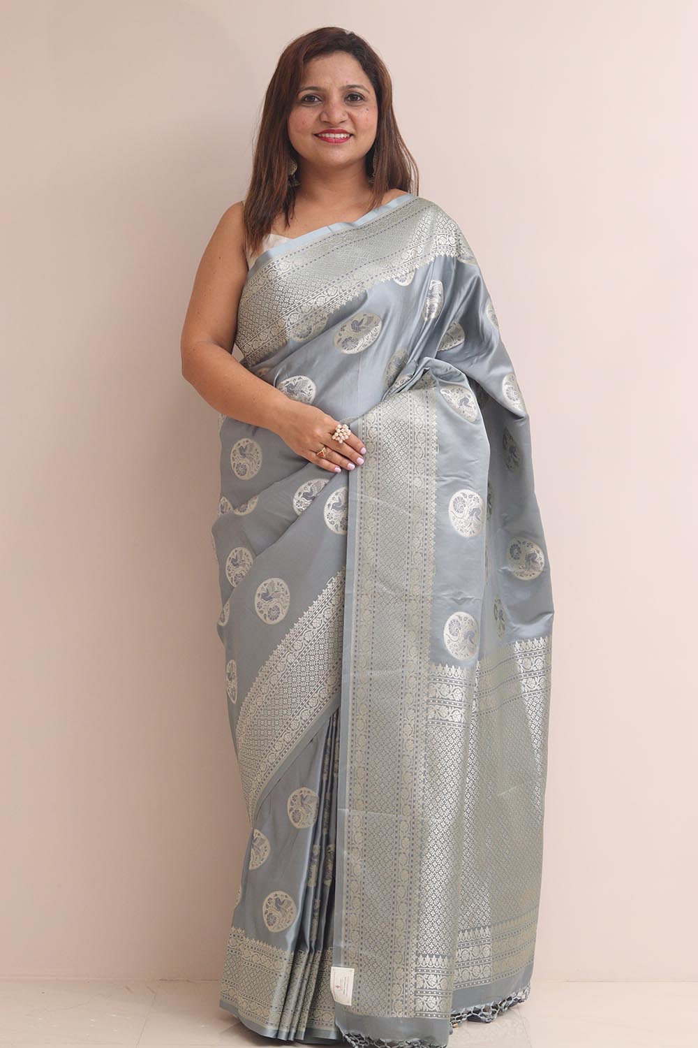 Grey Banarasi Mashru Silk Bird Design Saree - Luxurion World