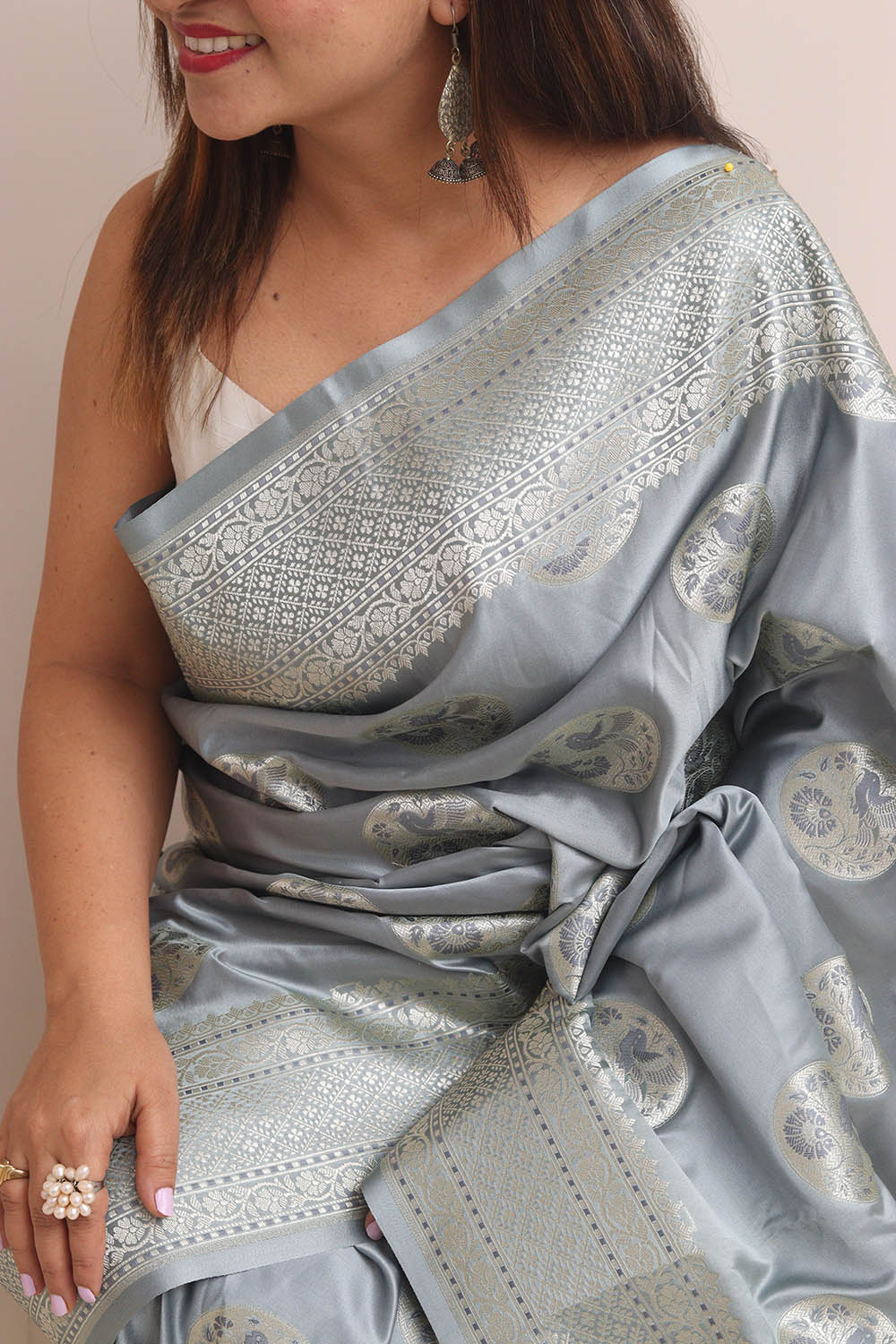 Grey Banarasi Mashru Silk Bird Design Saree - Luxurion World