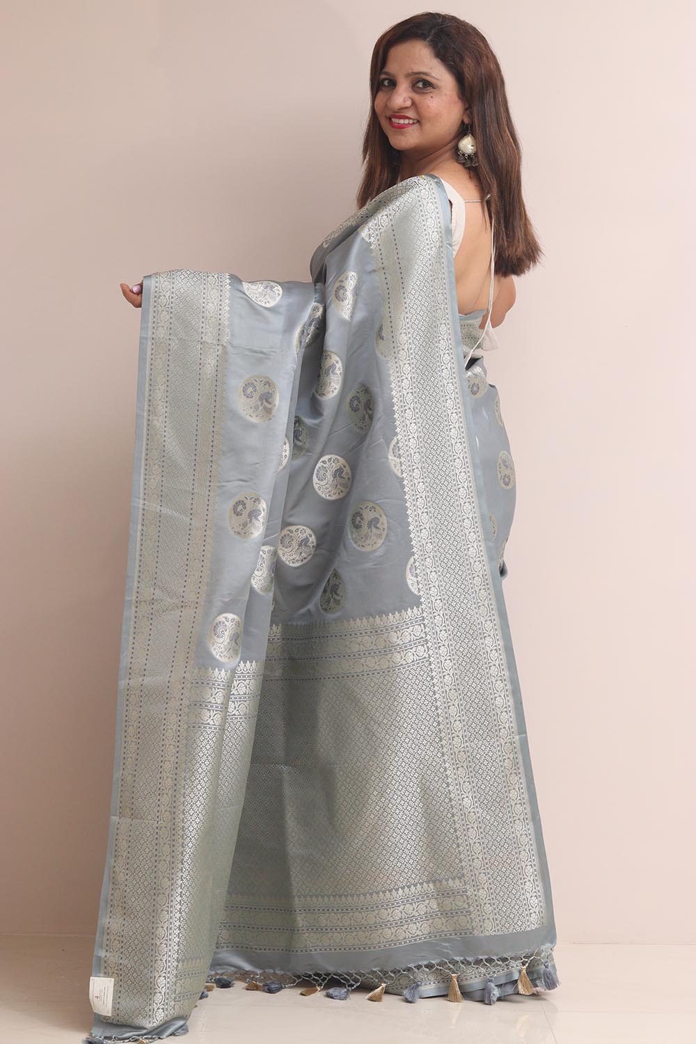 Grey Banarasi Mashru Silk Bird Design Saree - Luxurion World