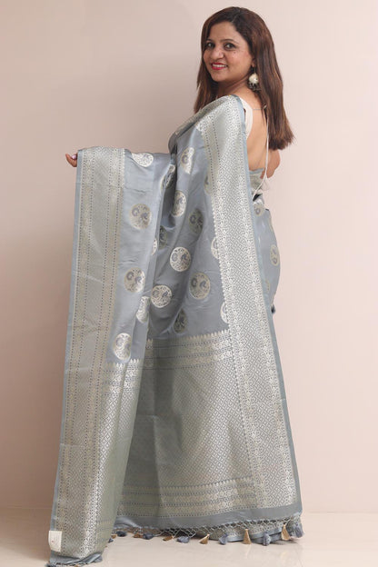 Grey Banarasi Mashru Silk Bird Design Saree - Luxurion World
