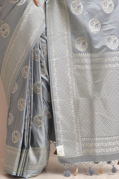 Grey Banarasi Mashru Silk Bird Design Saree - Luxurion World