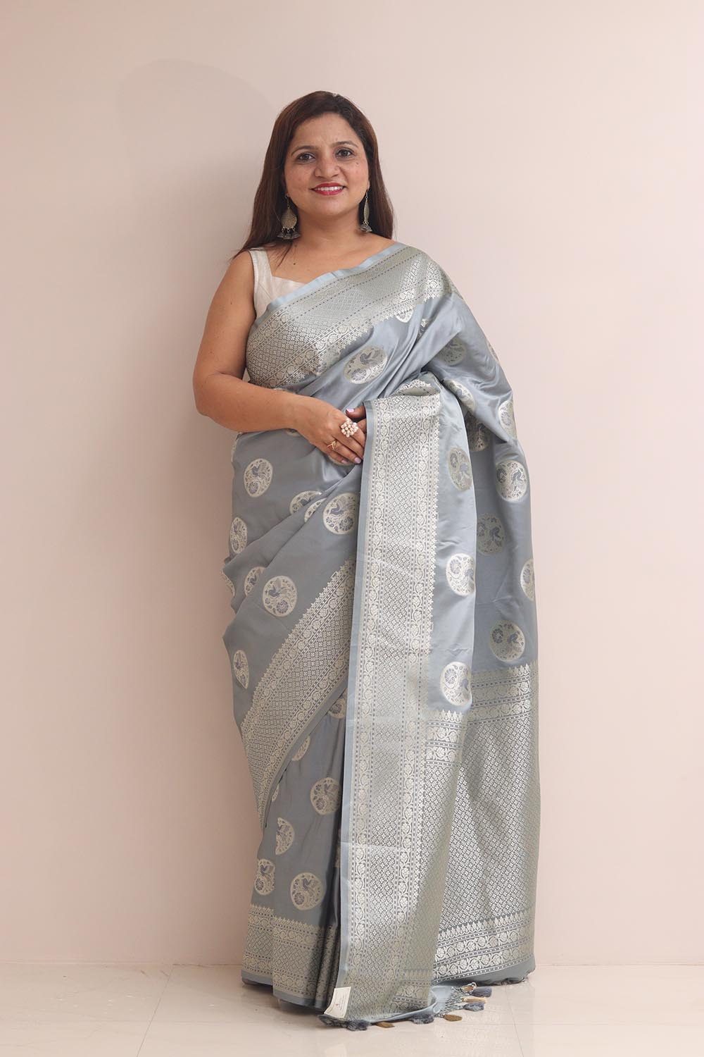 Grey Banarasi Mashru Silk Bird Design Saree - Luxurion World
