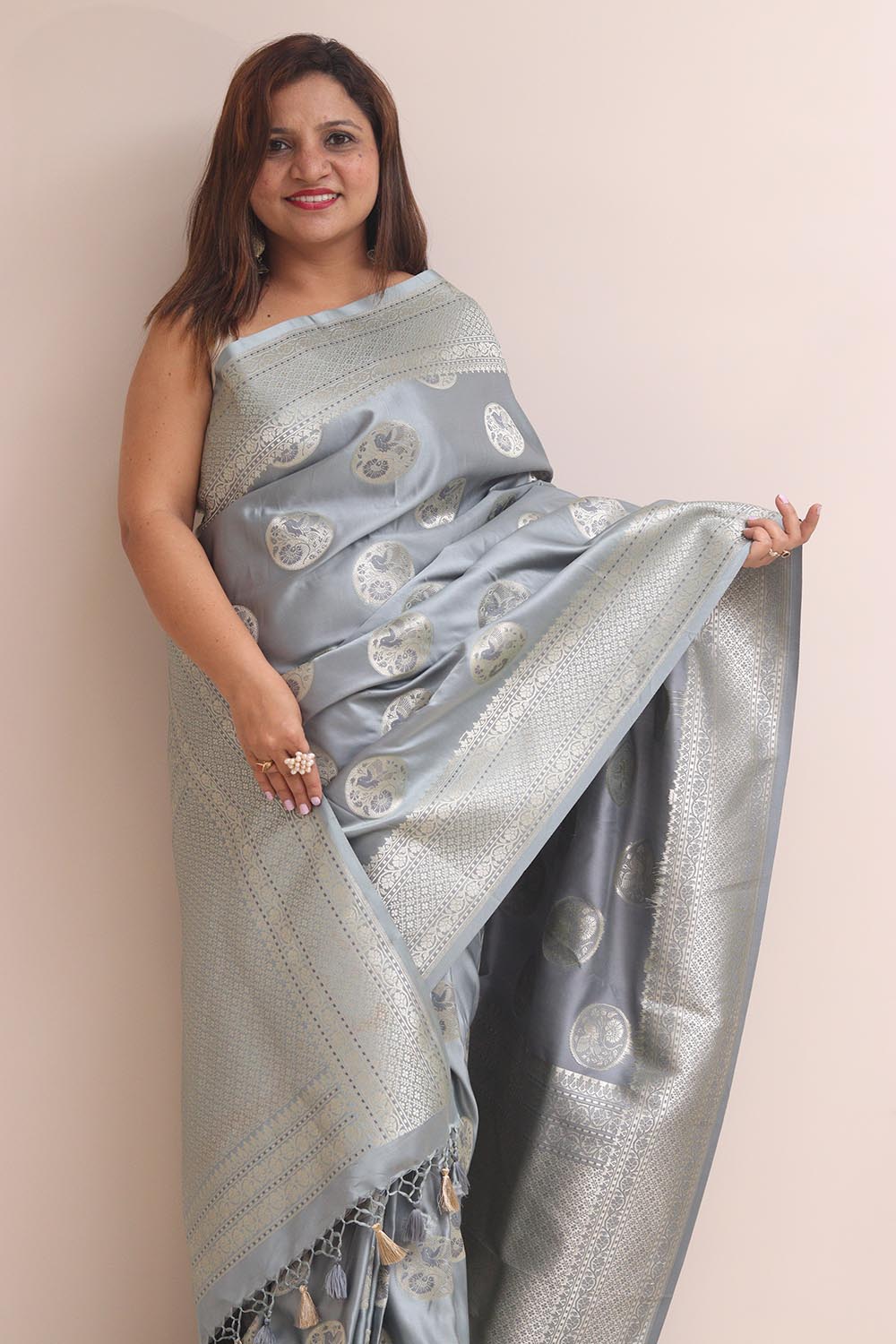 Grey Banarasi Mashru Silk Bird Design Saree - Luxurion World