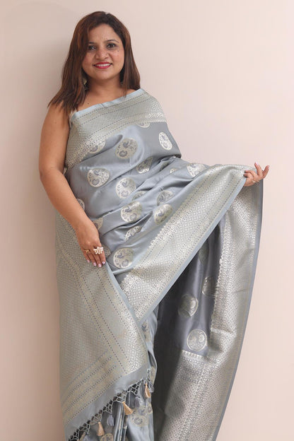 Grey Banarasi Mashru Silk Bird Design Saree - Luxurion World