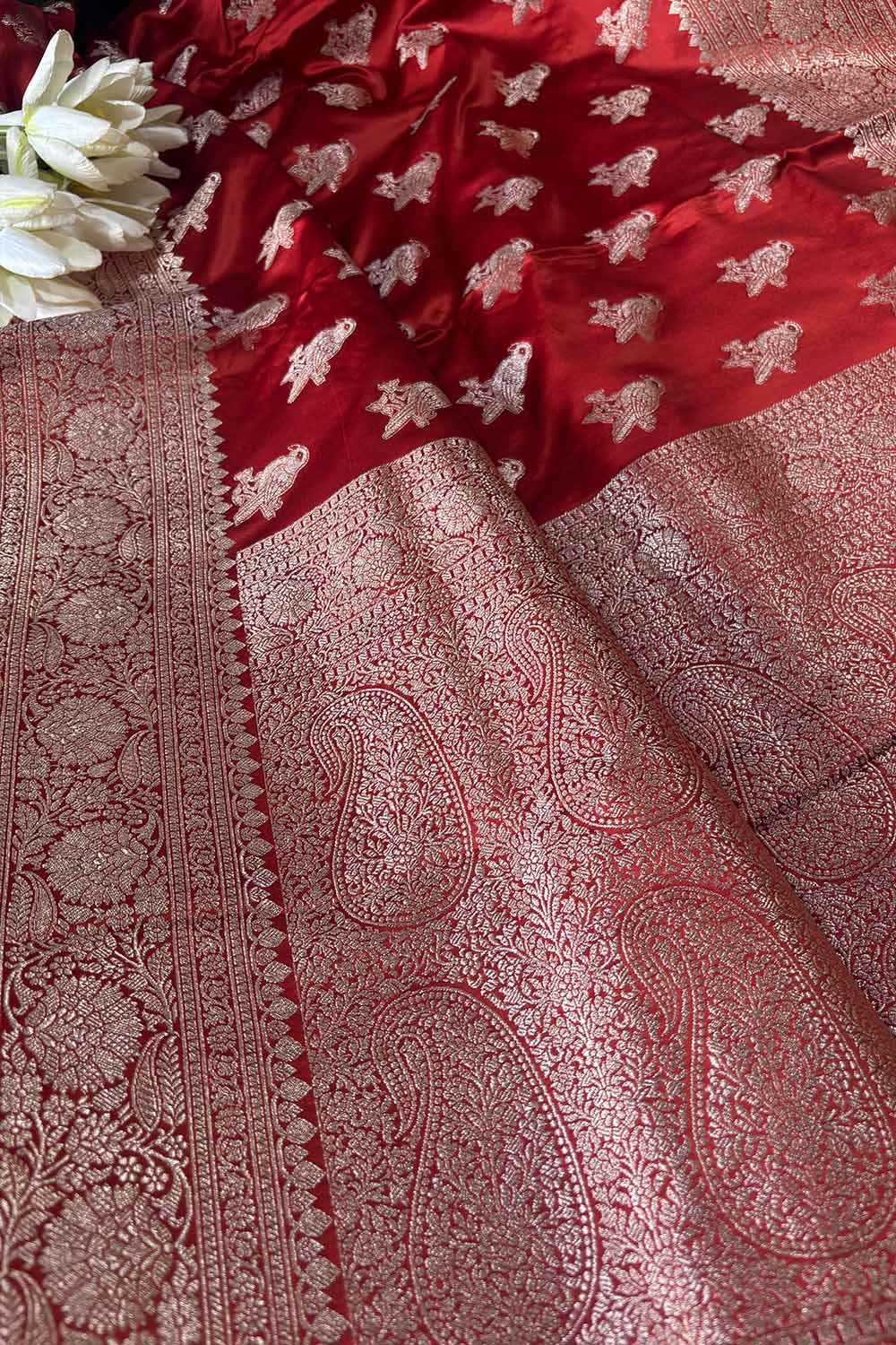 Burnt Orange Banarasi Mashru Silk Bird Design Saree - Luxurion World