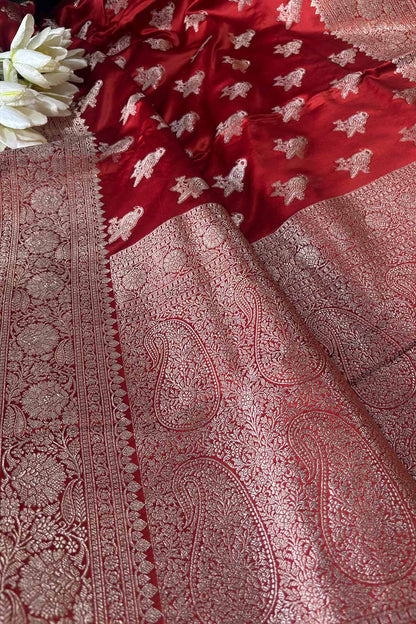 Burnt Orange Banarasi Mashru Silk Bird Design Saree - Luxurion World