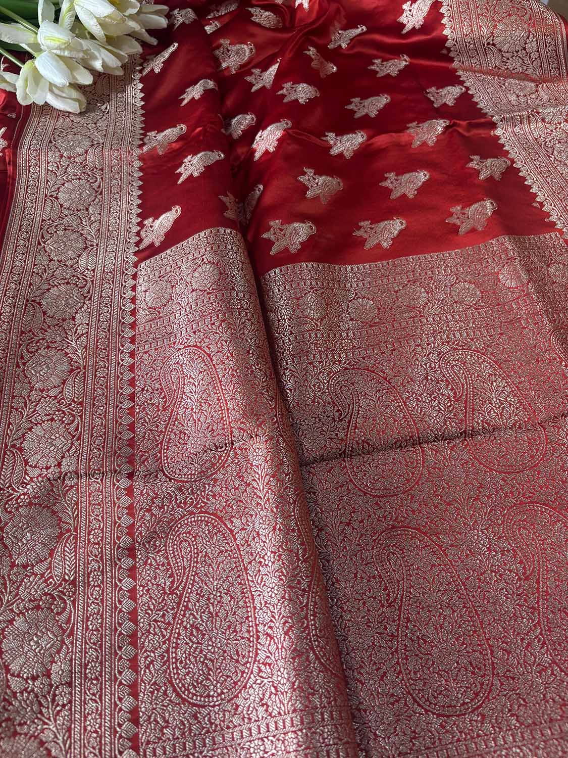 Burnt Orange Banarasi Mashru Silk Bird Design Saree - Luxurion World