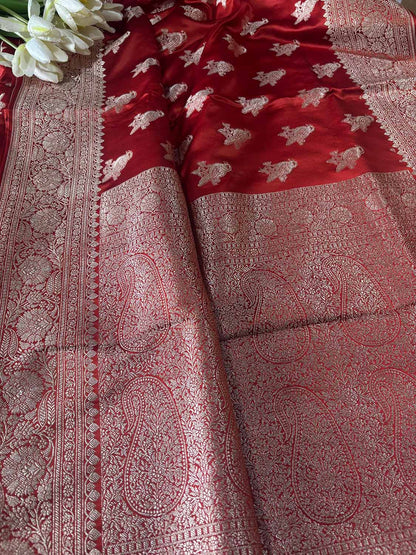 Burnt Orange Banarasi Mashru Silk Bird Design Saree - Luxurion World