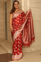 Burnt Orange Banarasi Mashru Silk Bird Design Saree - Luxurion World