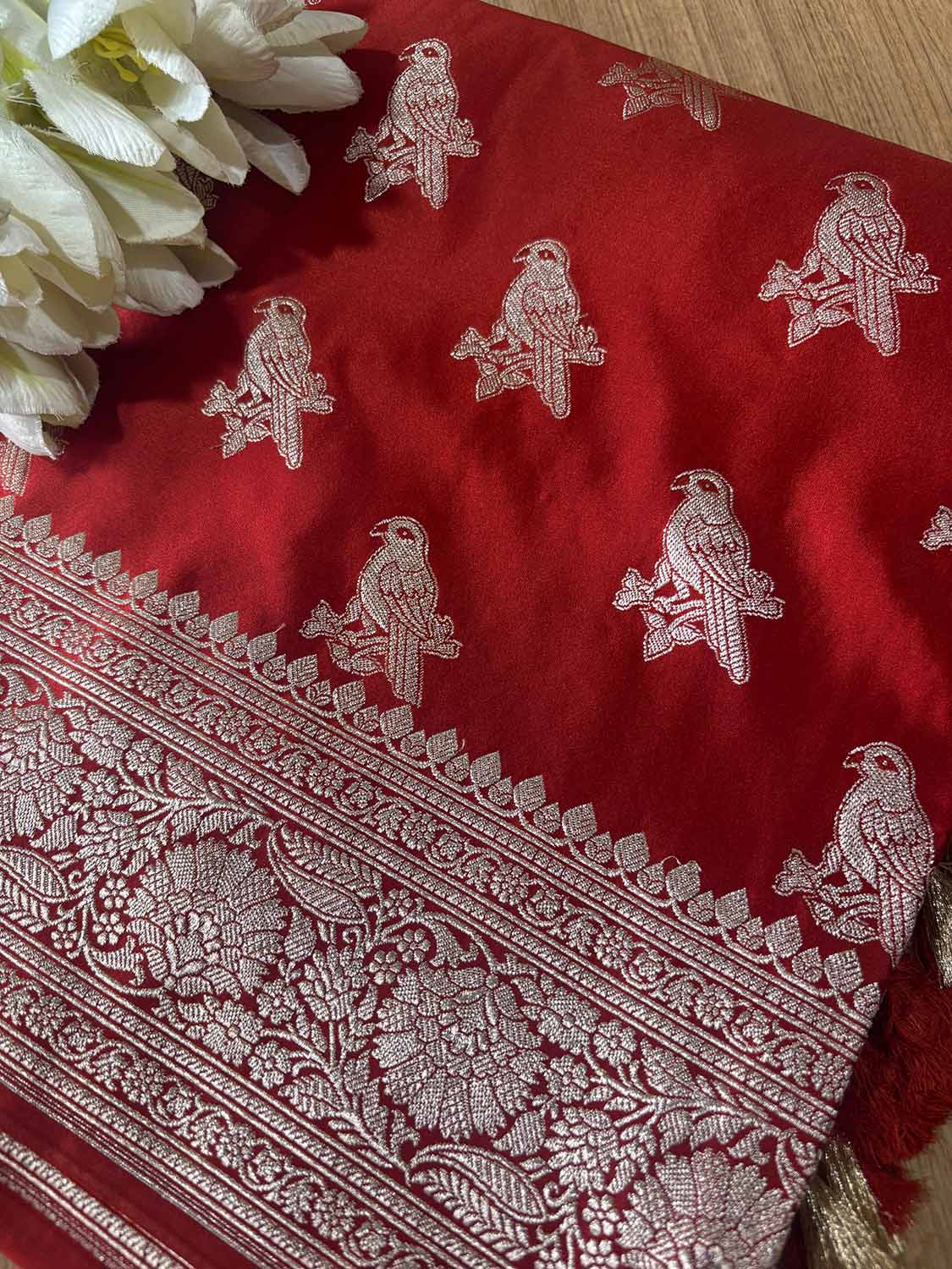 Burnt Orange Banarasi Mashru Silk Bird Design Saree - Luxurion World