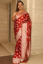 Burnt Orange Banarasi Mashru Silk Bird Design Saree - Luxurion World