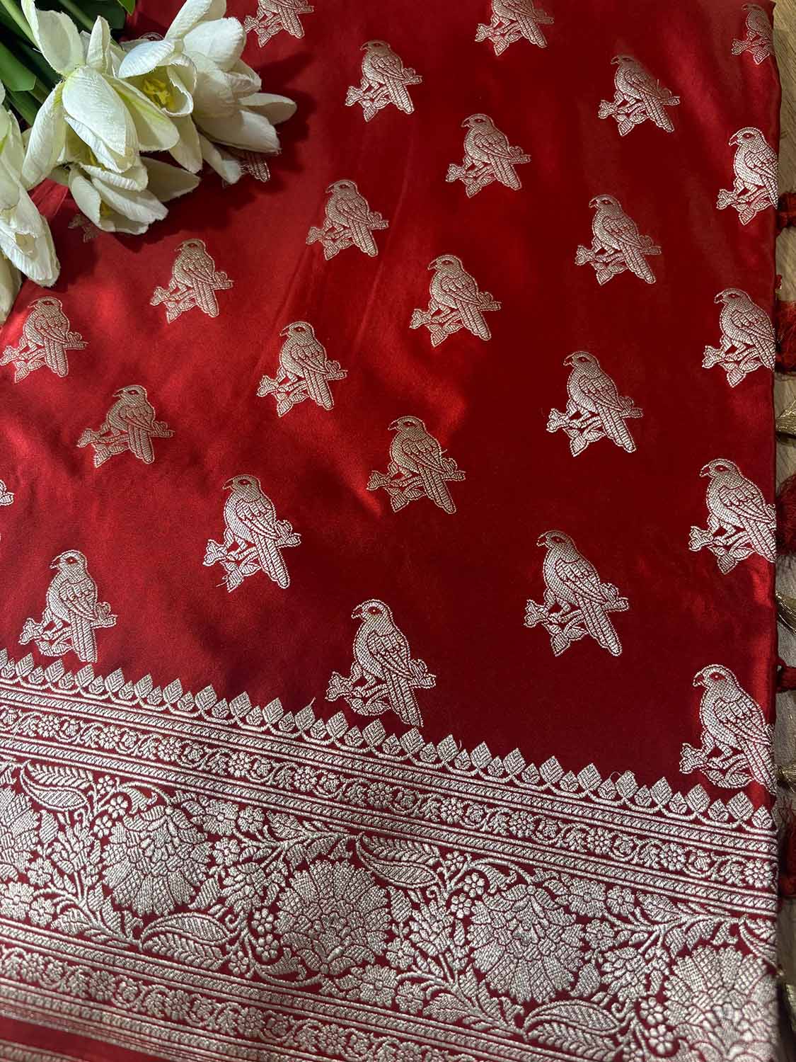 Burnt Orange Banarasi Mashru Silk Bird Design Saree - Luxurion World