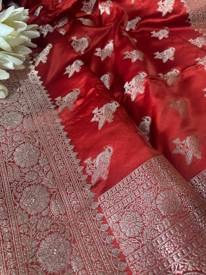 Burnt Orange Banarasi Mashru Silk Bird Design Saree - Luxurion World