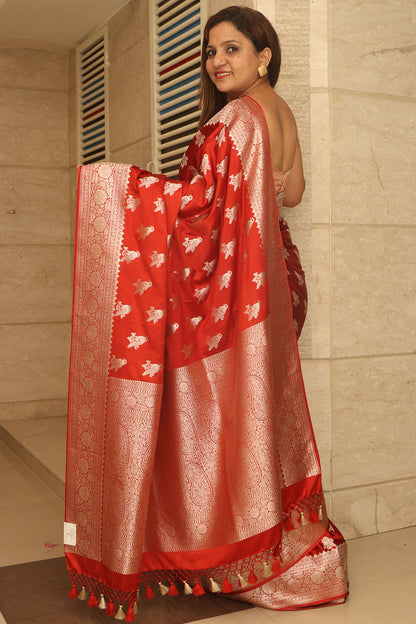 Burnt Orange Banarasi Mashru Silk Bird Design Saree - Luxurion World