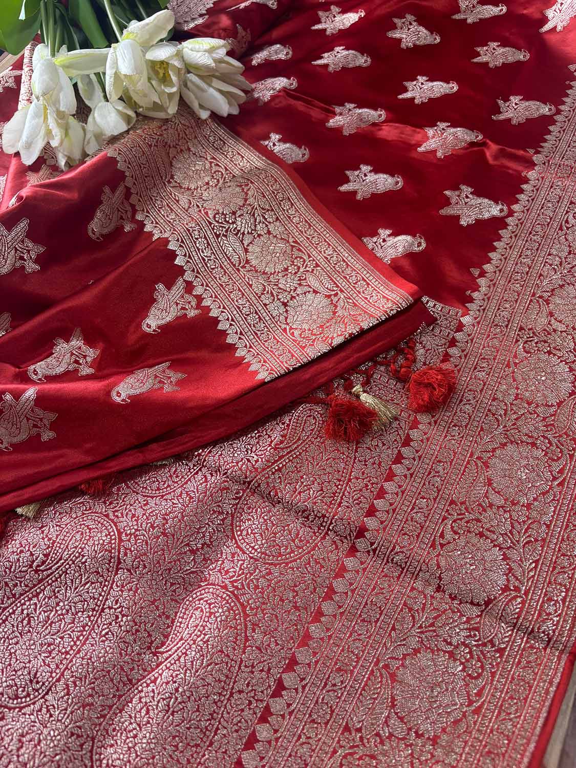 Burnt Orange Banarasi Mashru Silk Bird Design Saree - Luxurion World