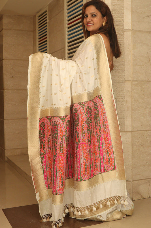 Dyeable Banarasi Mashru Silk Meenakari Saree - Luxurion World