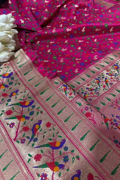 Pink Banarasi Paithani Mashru Silk Meenakari Flower Design Saree - Luxurion World