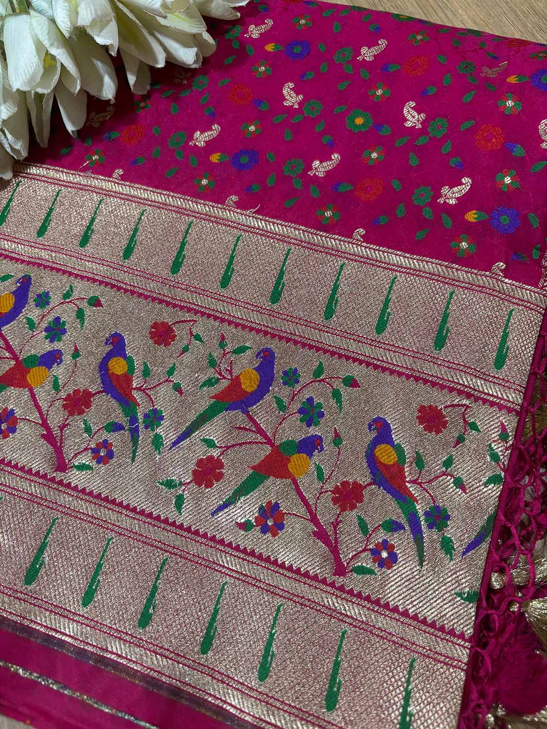 Pink Banarasi Paithani Mashru Silk Meenakari Flower Design Saree - Luxurion World