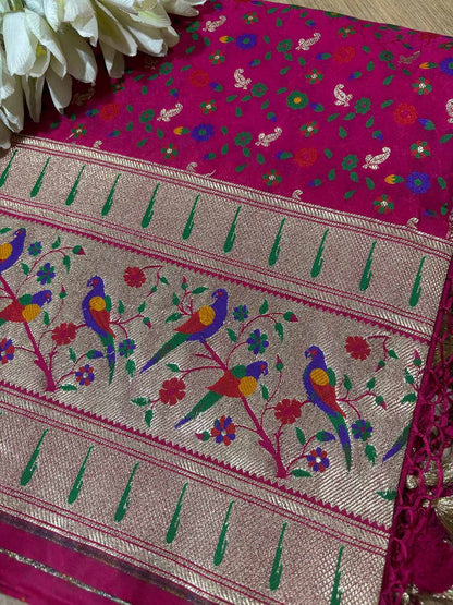 Pink Banarasi Paithani Mashru Silk Meenakari Flower Design Saree - Luxurion World