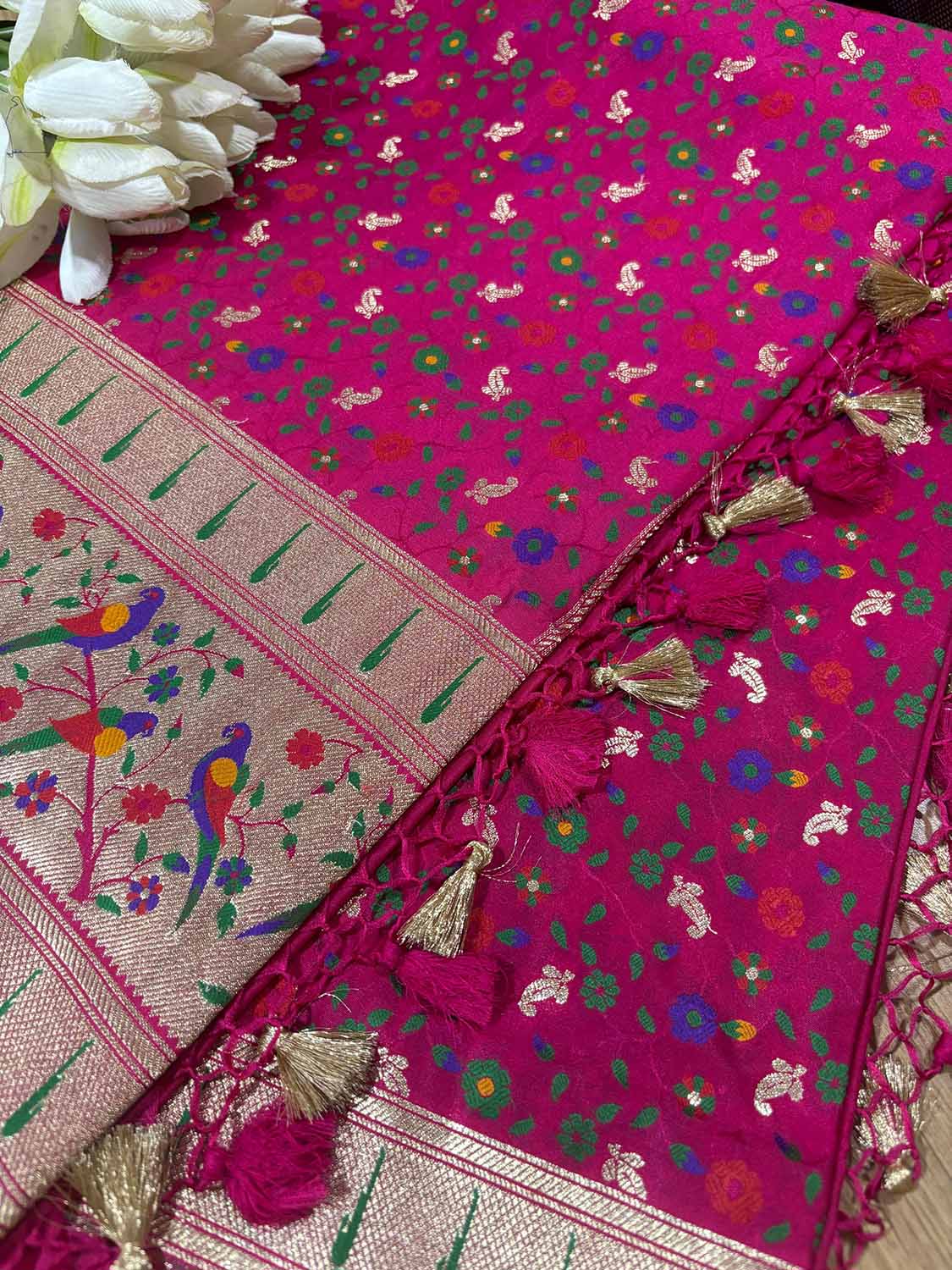 Pink Banarasi Paithani Mashru Silk Meenakari Flower Design Saree - Luxurion World
