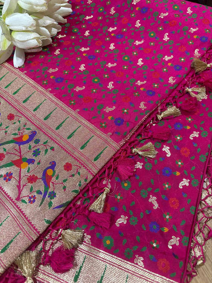 Pink Banarasi Paithani Mashru Silk Meenakari Flower Design Saree - Luxurion World