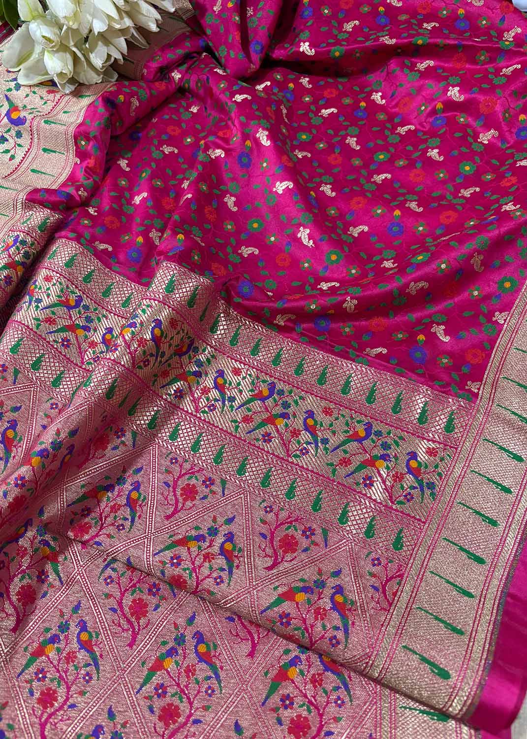 Pink Banarasi Paithani Mashru Silk Meenakari Flower Design Saree - Luxurion World