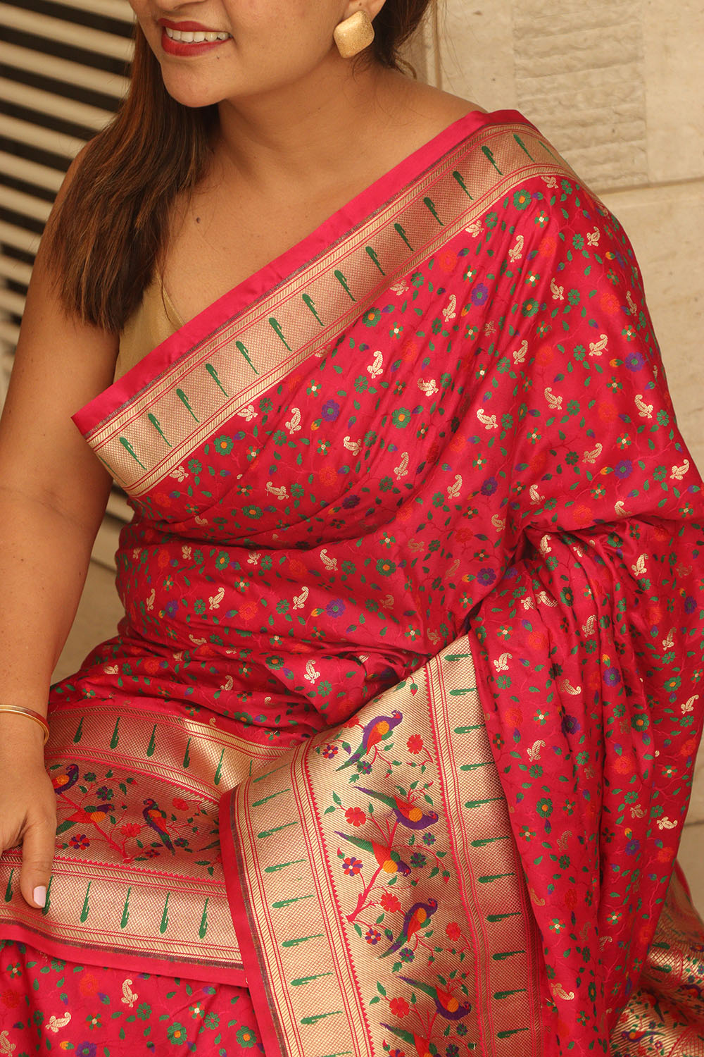 Pink Banarasi Paithani Mashru Silk Meenakari Flower Design Saree - Luxurion World