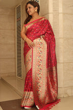 Pink Banarasi Paithani Mashru Silk Meenakari Flower Design Saree - Luxurion World