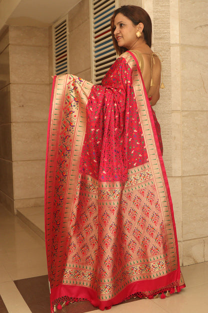 Pink Banarasi Paithani Mashru Silk Meenakari Flower Design Saree - Luxurion World