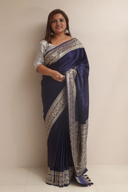 Blue Banarasi Mashru Silk Plain Saree - Luxurion World