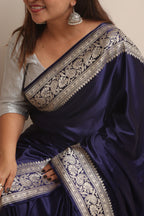 Blue Banarasi Mashru Silk Plain Saree - Luxurion World