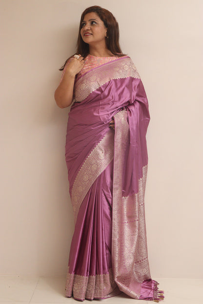 Purple Banarasi Mashru Silk Plain Saree - Luxurion World