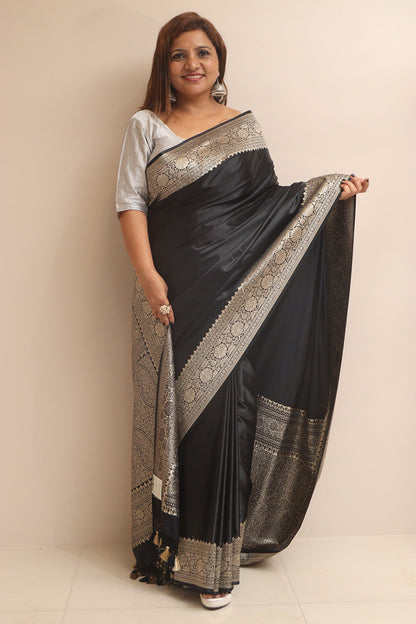 Black Banarasi Mashru Silk Plain Saree - Luxurion World