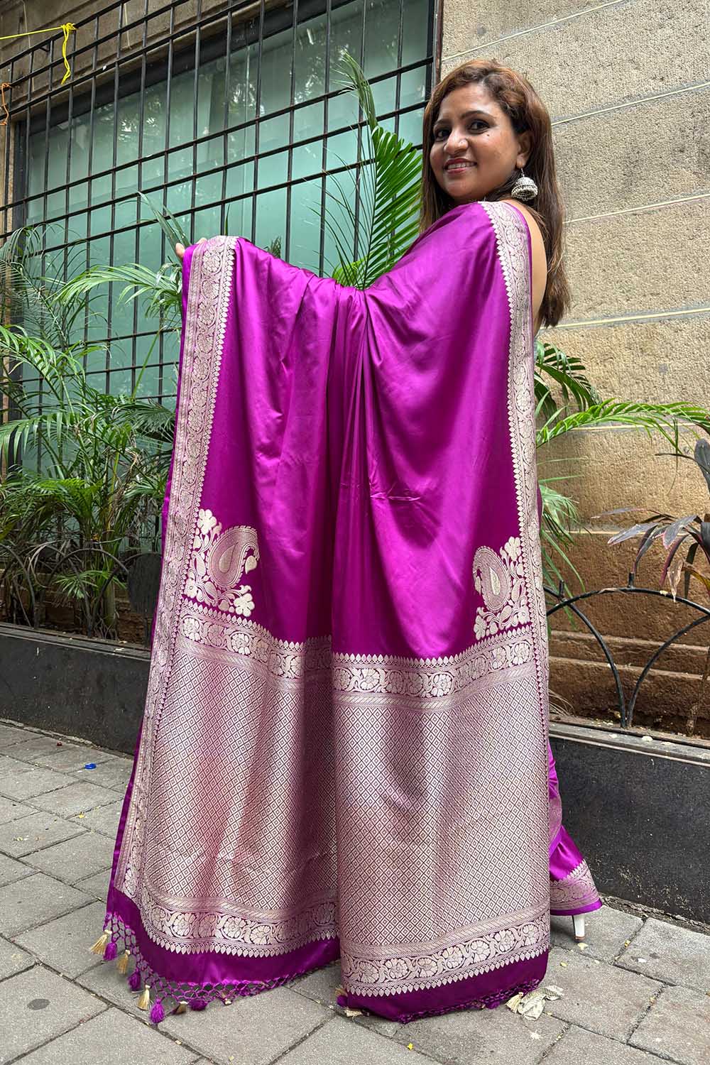Purple Banarasi Handloom Plain Pure Mashru Silk Koniya Design Saree - Luxurion World