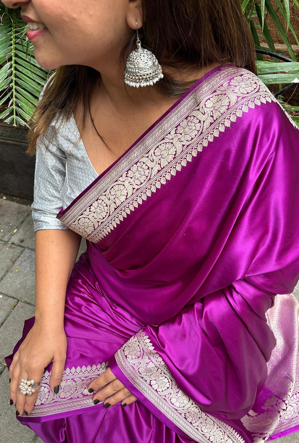 Purple Banarasi Handloom Plain Pure Mashru Silk Koniya Design Saree - Luxurion World