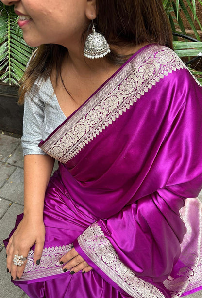 Purple Banarasi Handloom Plain Pure Mashru Silk Koniya Design Saree - Luxurion World