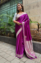 Purple Banarasi Handloom Plain Pure Mashru Silk Koniya Design Saree - Luxurion World