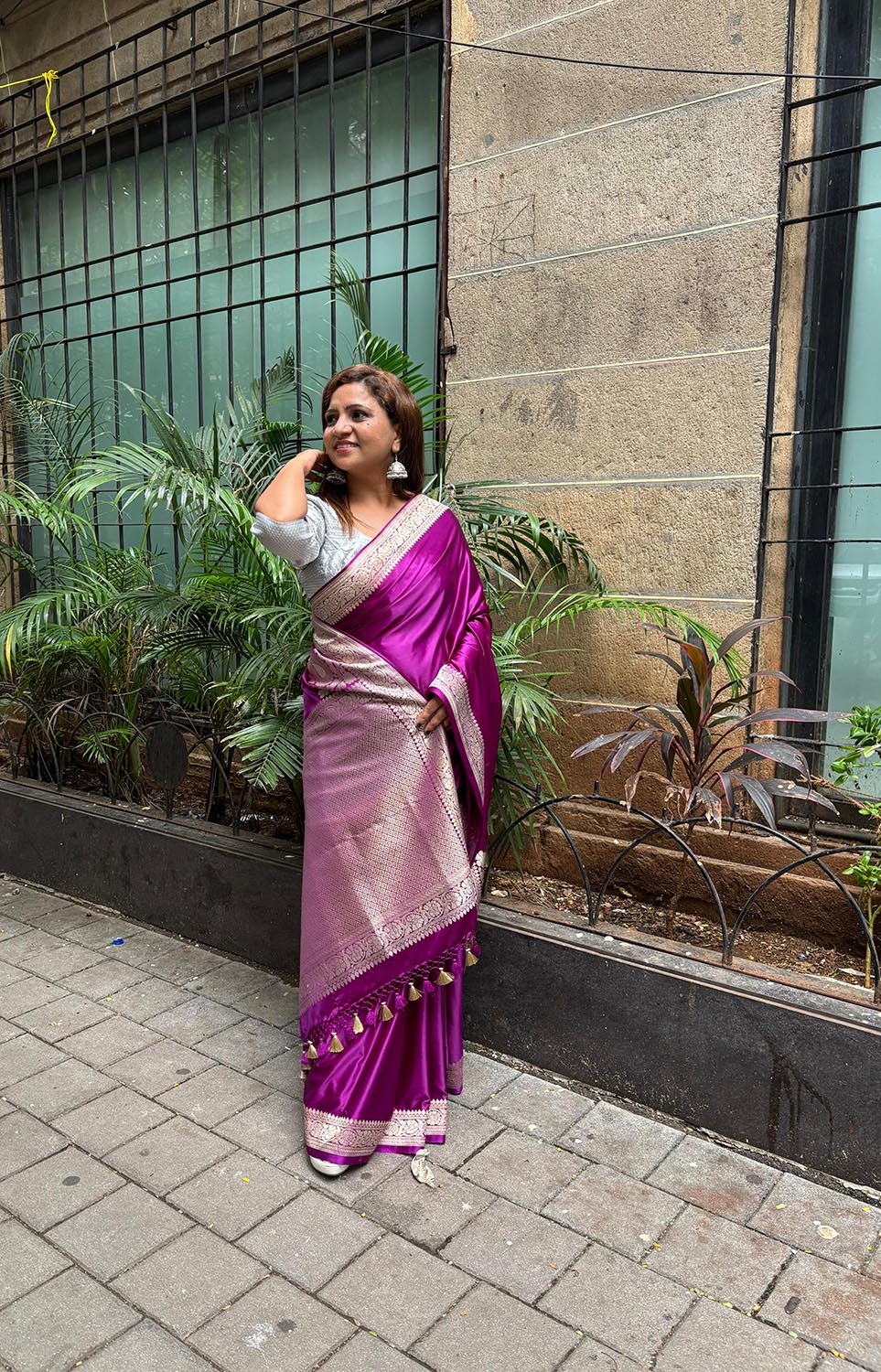 Purple Banarasi Handloom Plain Pure Mashru Silk Koniya Design Saree - Luxurion World