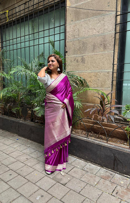 Purple Banarasi Handloom Plain Pure Mashru Silk Koniya Design Saree - Luxurion World