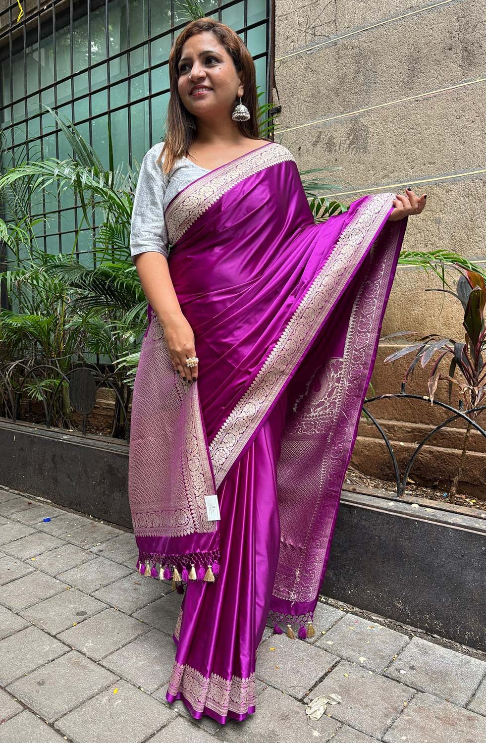 Purple Banarasi Handloom Plain Pure Mashru Silk Koniya Design Saree - Luxurion World