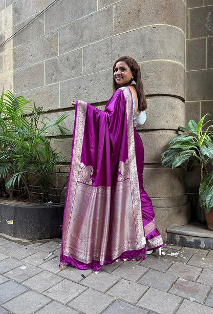 Purple Banarasi Handloom Plain Pure Mashru Silk Koniya Design Saree - Luxurion World